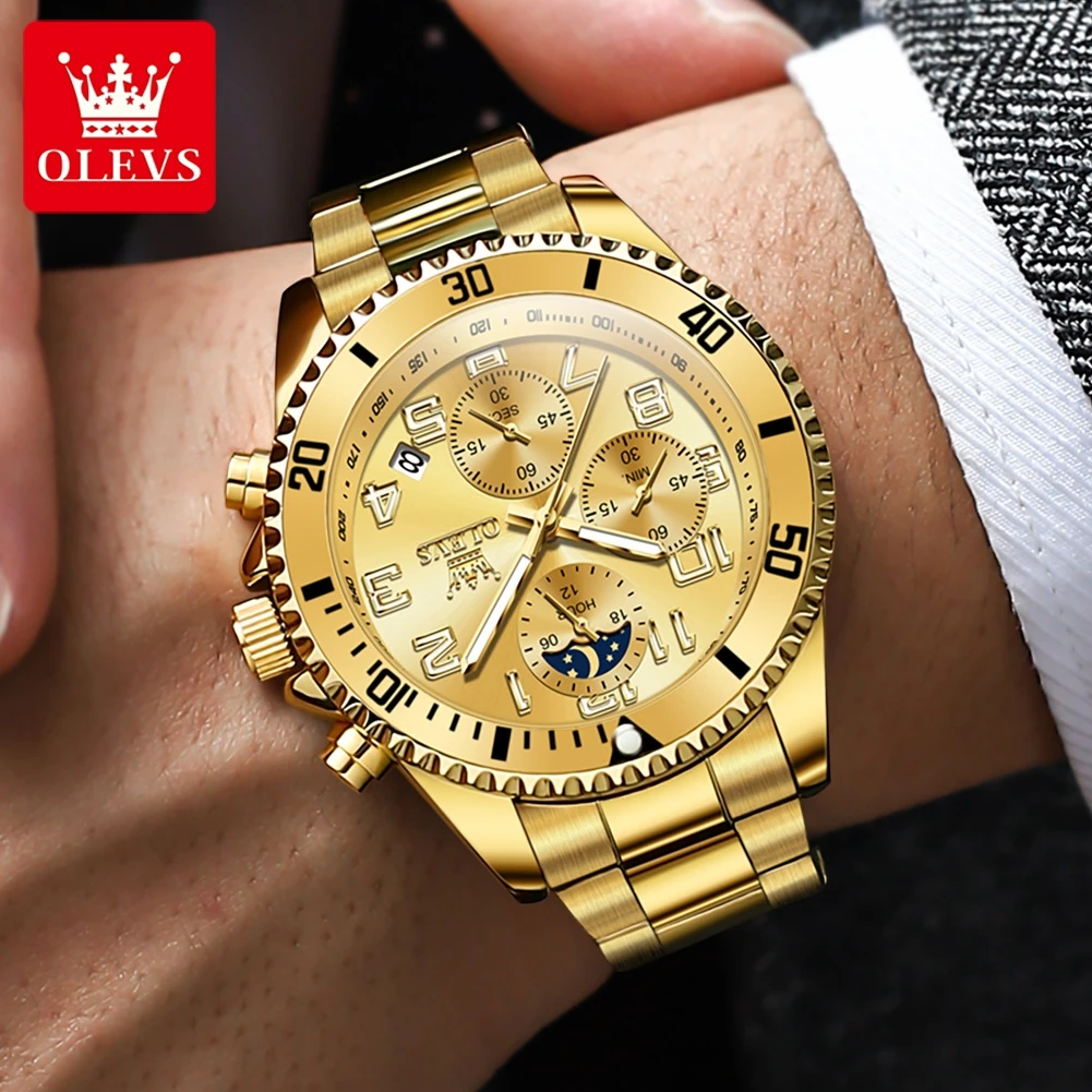 OLEVS 2926 Men\'s Watch Luxury Brand Gold Waterproof Calendar Moon Phase Chronograph Top Fashion Stainless Steel Men Quartz Watch