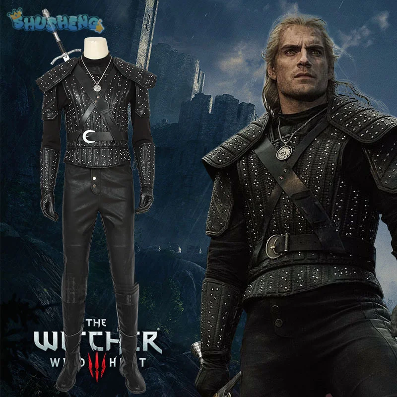 

Костюм для косплея «Дикая охота Геральт» Witcher 3, кожаный жилет, аксессуары, ожерелья, перчатки, брюки, поручни, мужская вечерние униформа геральта