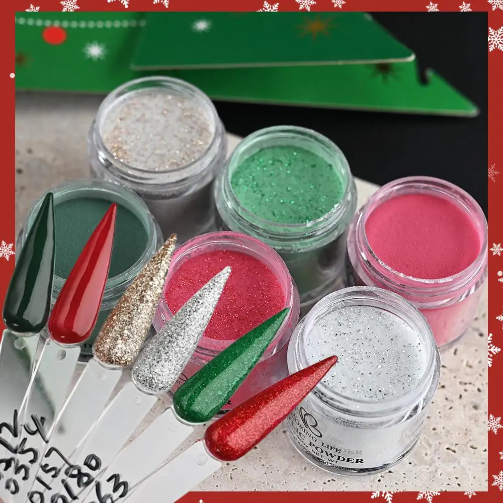 6개 크리스마스 테마 네일 아크릴 파우더 글리터 레드 그린 골드 실버 폴리머 네일 연장 디핑 크레이빙 피그먼트 더스트
