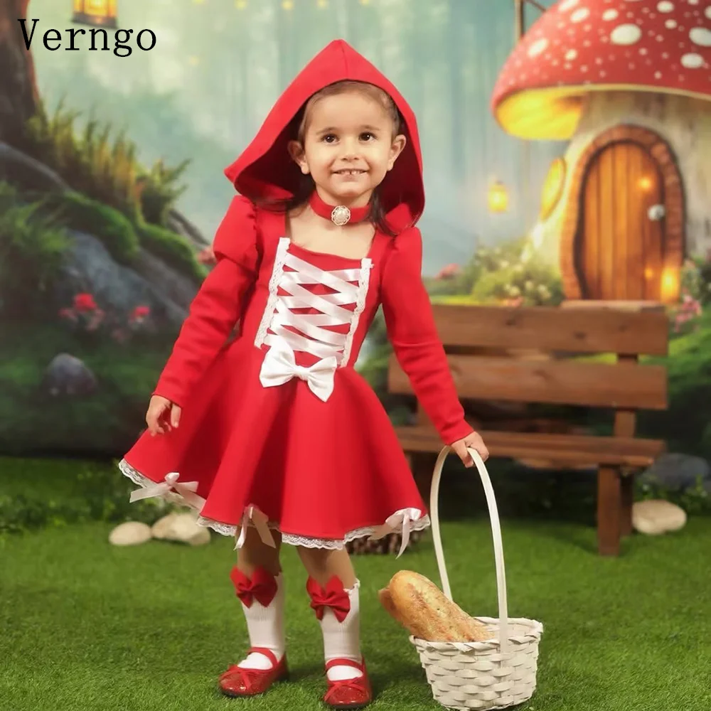 

Verngo Red Crepe Mini Girl Flowers Dress High Neck Full Sleeves A Line Birthday Party Dress Pleated Prom Kid Gown Customized