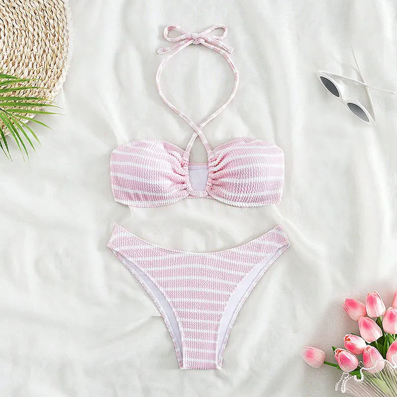 2025 novo rosa listrado doce maiô feminino praia férias sexy biquíni de três pontos split maiô chique roupas femininas verão