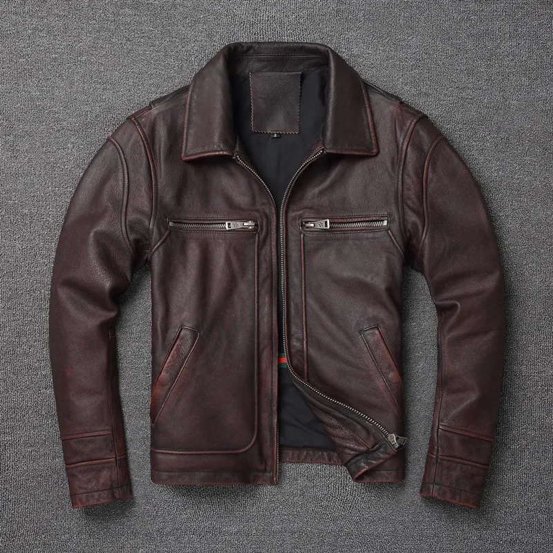 2024 new Autumn Winter Retro Pure First Layer Cowhide Leather Jacket Men's Fashion Short Motorcycle Stone Ground To Do Old Coats