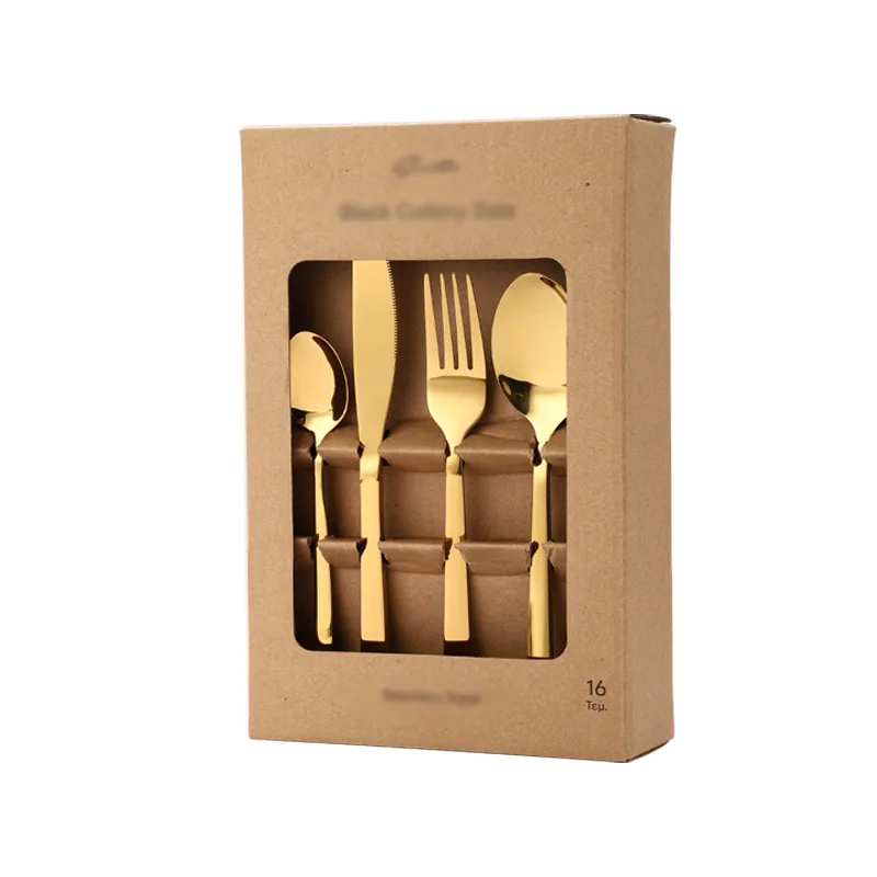 Stainless Steel Tableware Set 16-piece Set Kraft Paper Box Square Handle Titanium-plated Stainless Steel Tableware