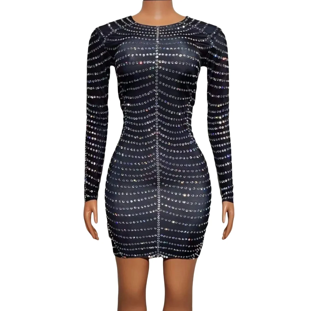 

Black Glitter Rhinestone Long Sleeveless Short Mini Dress For Women Stretch Bodycon One Piece Date Birthday Dressy Queen Outfits