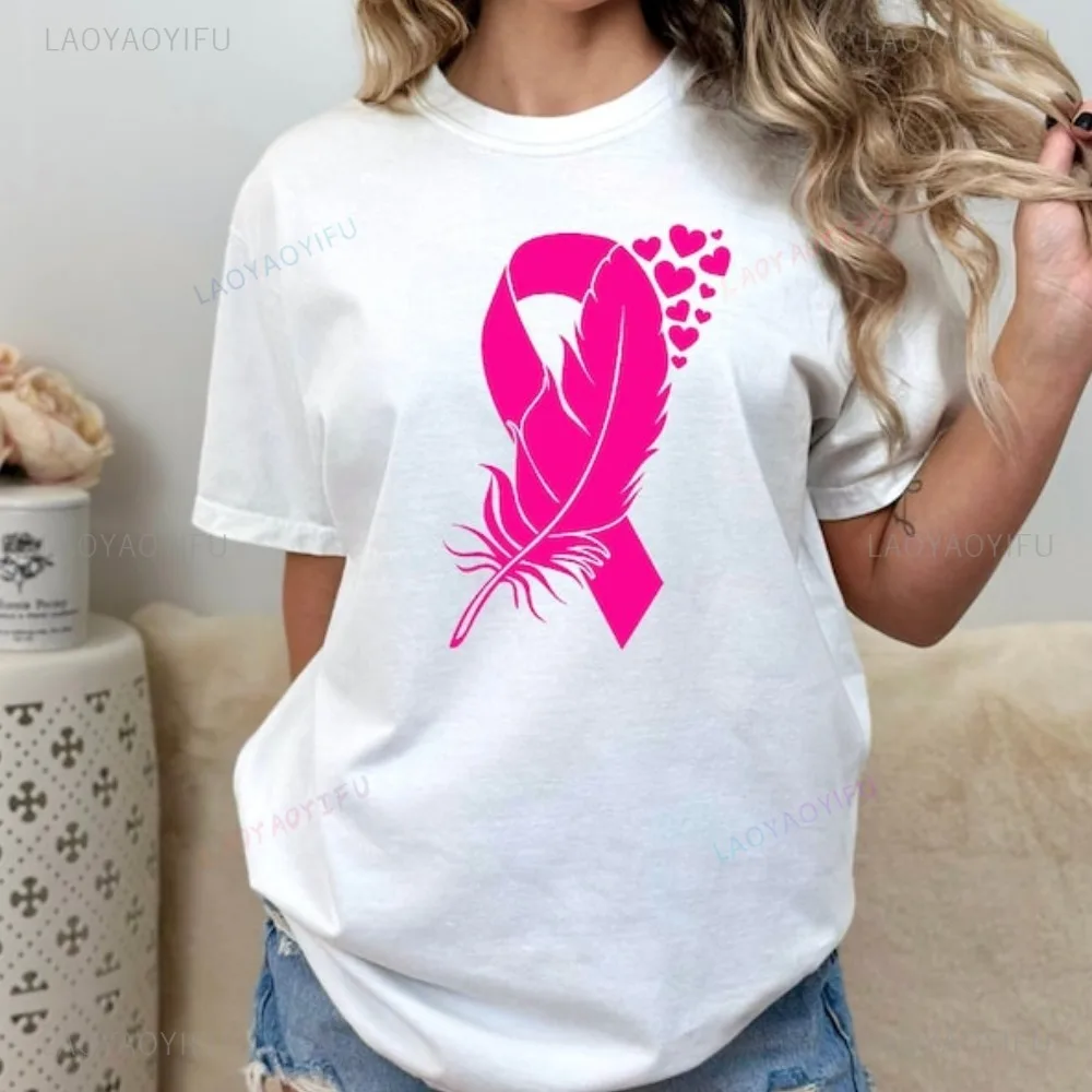 

Feather Red Ribbon Breast Cancer Awareness Printed Cotton T-shirt Summer Harajuku Cancer Warrior Mom Gift T-shirt Costume Tops