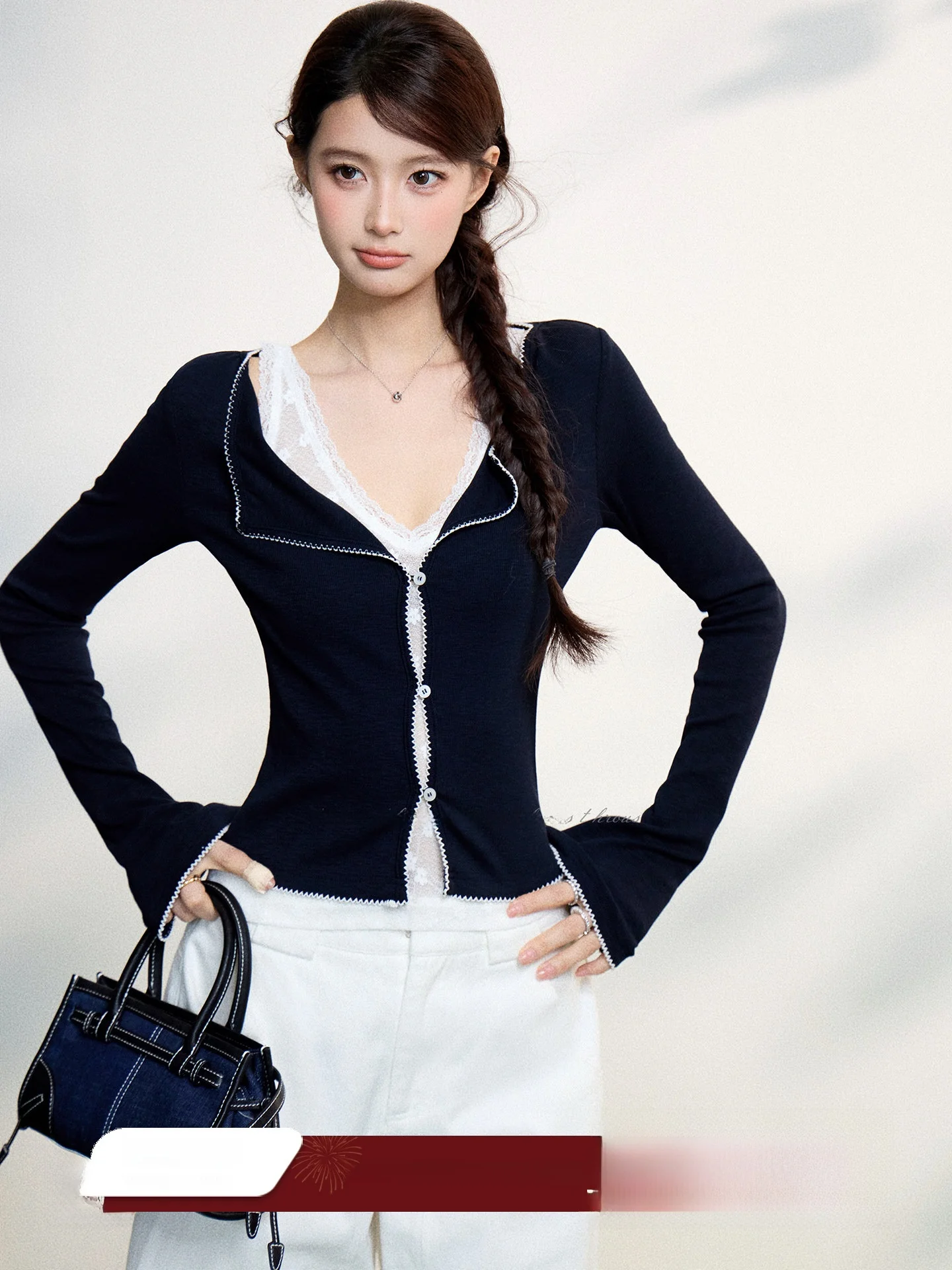 

Faionable Lace Knitted Top Women's Slim Fit Long Sve Color Blo Spring Sle Versatile Casual Wear Exquisite Tailoring