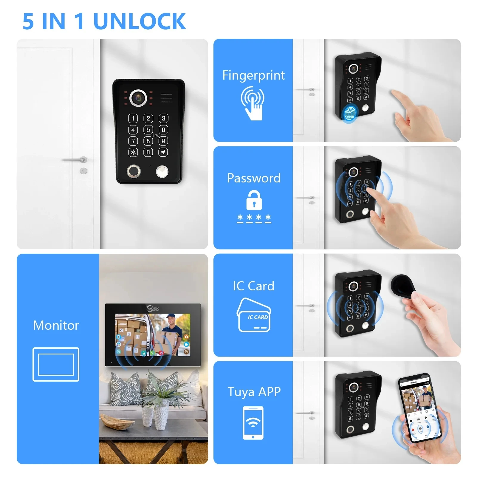 Anjielo 1080P Video Intercom for Home Apartment Security Kit Doorbell 5in1 Unlock Card Fingerprint Password Wifi Tuya 10 Inch