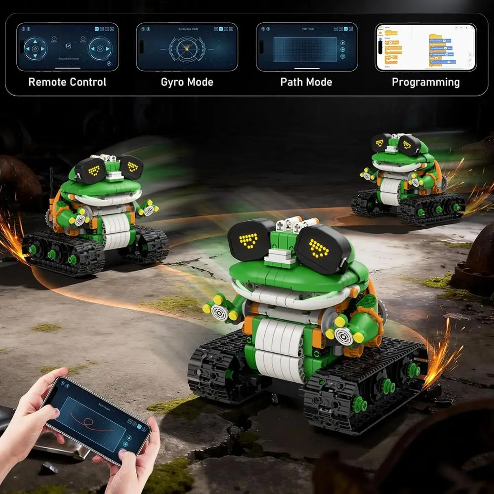 مجموعات الروبوتات الجذعية بعمر 6-12 عامًا: مجموعة بناء الضفدع للجرارات 5 في 1 للتحكم عن بعد والتطبيقات، لعبة تعليمية مكونة من 732 قطعة للأطفال