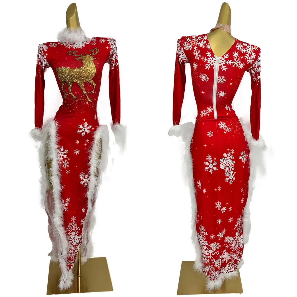

Feather Christmas Tight Fitting Dress Festival Celebrate High Side Slits Long Dress Nightclub Party Outfit gig Wear Masquerade