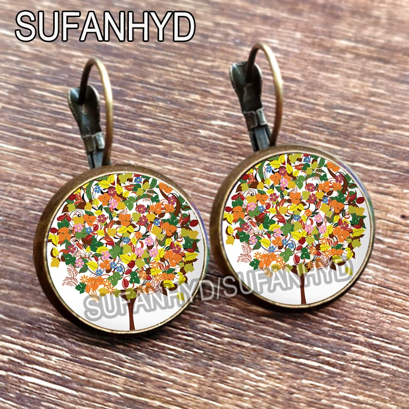 Colorful Tree Stud Earring for Women Vintage Bronze Color Leaf Glass Cabochon Tree of Life Earrings Jewelry