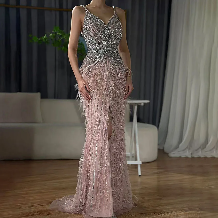 

OEING 2025 Elegant Pink Beaded Mermaid Evening Dress Feathers Pleat Luxury Crystal Luxury Prom Gown Formal Occasions Customized