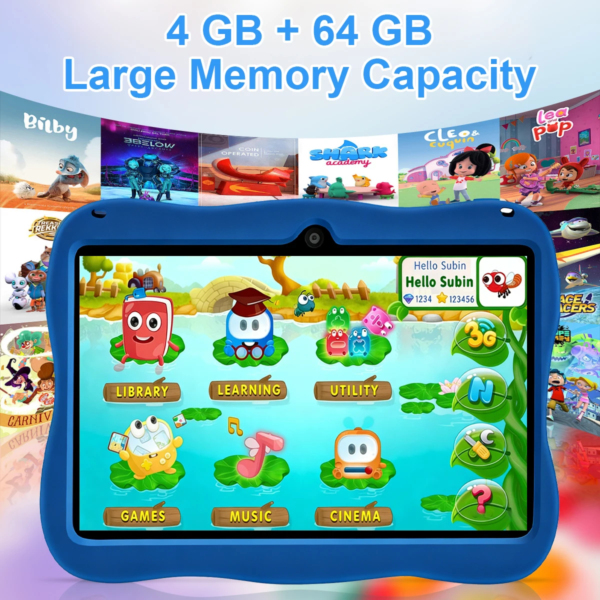 7 Inch Kids Tablet Android 14 4GB RAM 64GB ROM Parental Control Dual Camera with Shockproof Case 3500mAh Kids Software