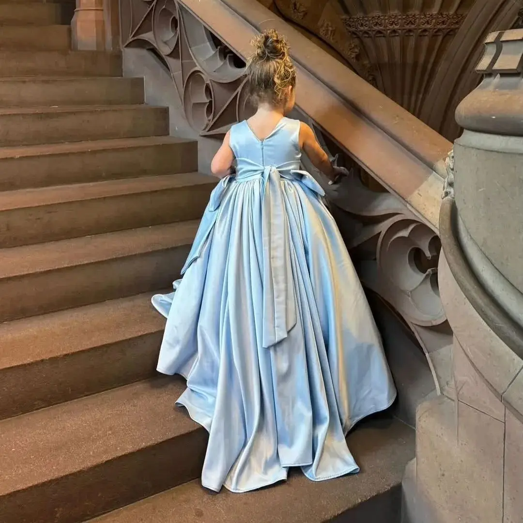 

Синее платье с цветочным узором для девочек на свадьбу с бантом, длиной до пола, без рукавов, для дня рождения, первого причастия, на заказ