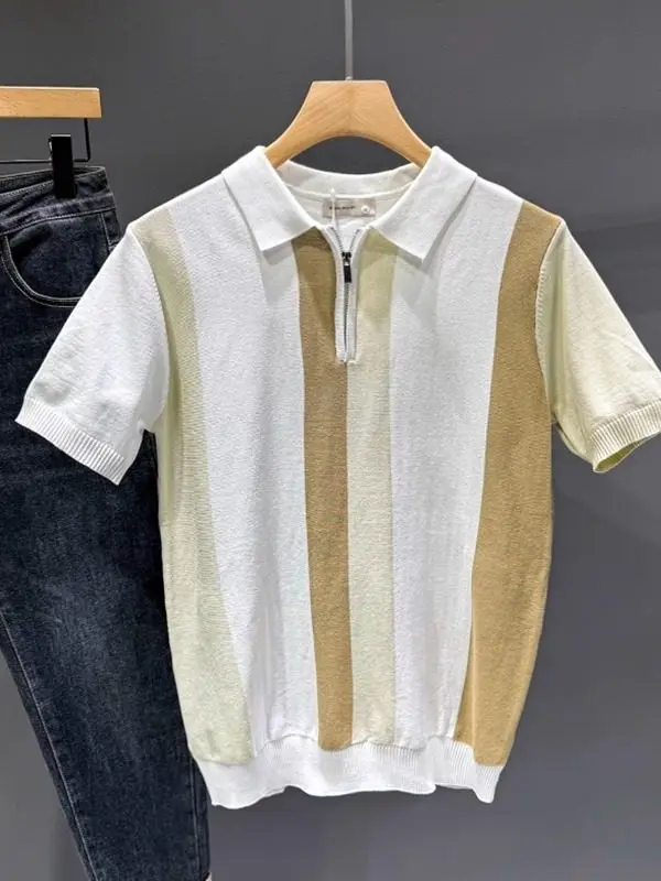 High Quality Lightweight Luxury Spring Short Sleeve Knitted  Shirt Men's Casual Zipper Collar T-Shirt Fashionable Polyest...