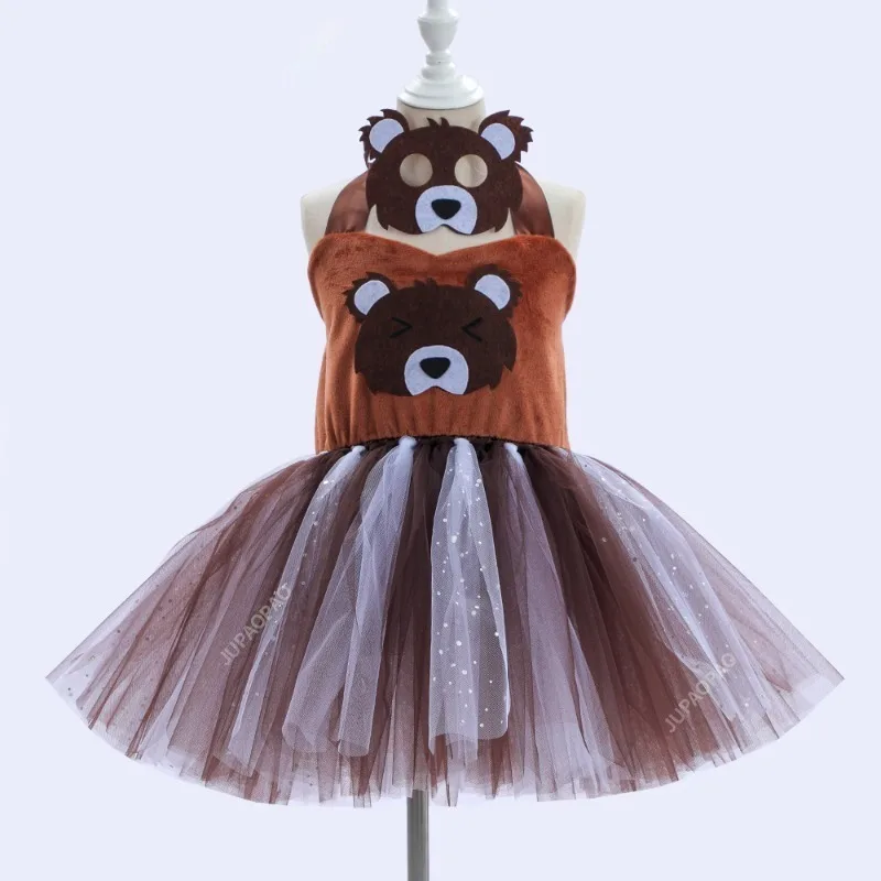 New Models Kids Girls Halloween Dress Up Cosplay Animal Theme Party Brown Bear Handmade Mesh Tutu Dress With Matching Hair Hoop