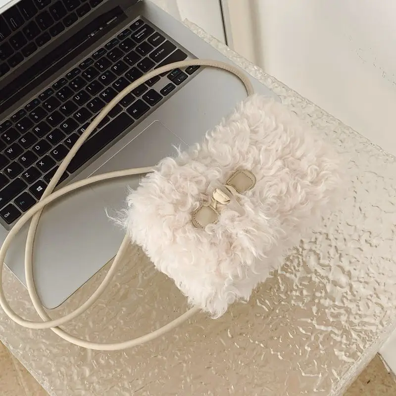 Beige Khaki Coffee Brown Black Curly Faux Fur Mini Crossbody Phone Purse Teddy Lamb Wool Small Shoulder Bag for Women Girls