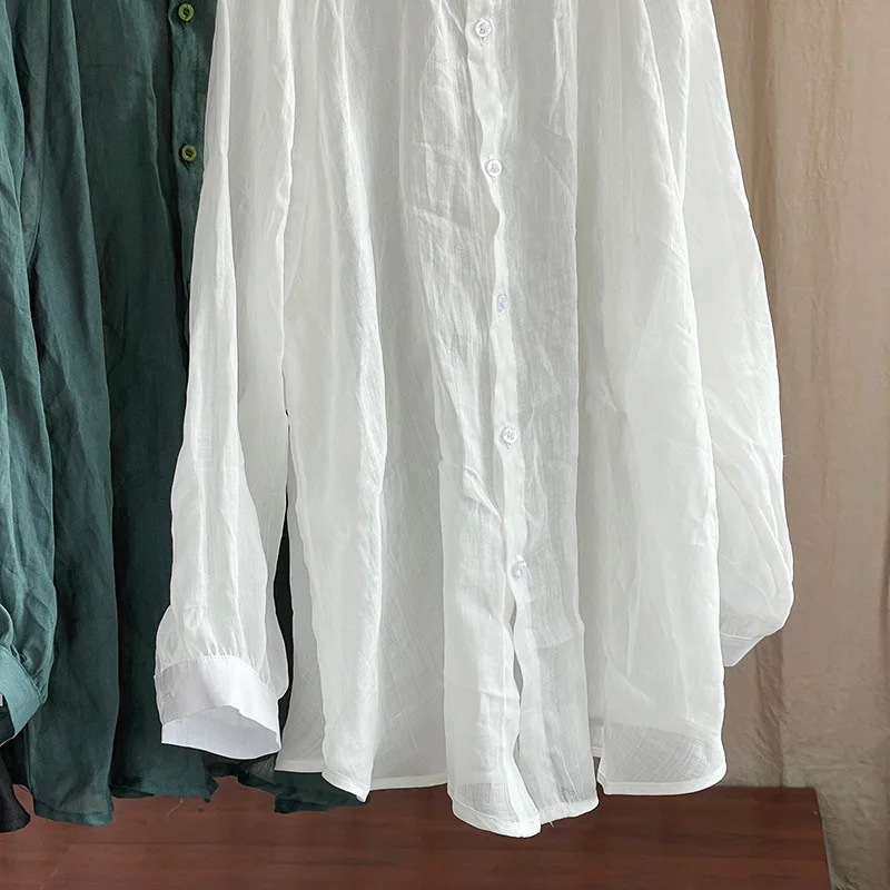 ผู้หญิง Causal Breathable Ramie เสื้อและเสื้อ Turn-Down COLLAR แฟชั่นสีแขนยาวฤดูใบไม้ผลิเสื้อใหม่ปุ่มเสื้อหลวม