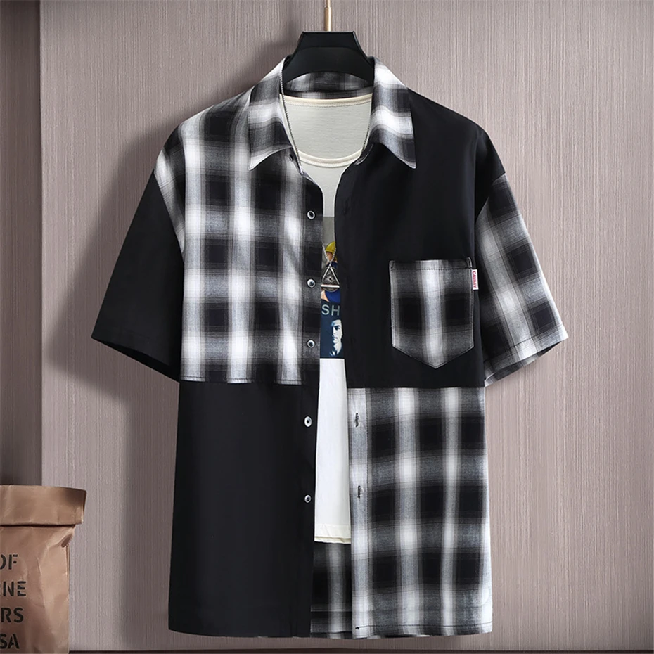 Patchwork Color Block Plaid Shirts Men Summer Short Sleeve Shirts Male Plus Size 10XL 11XL Shirt Plaid Hip Hop Streetwear Men