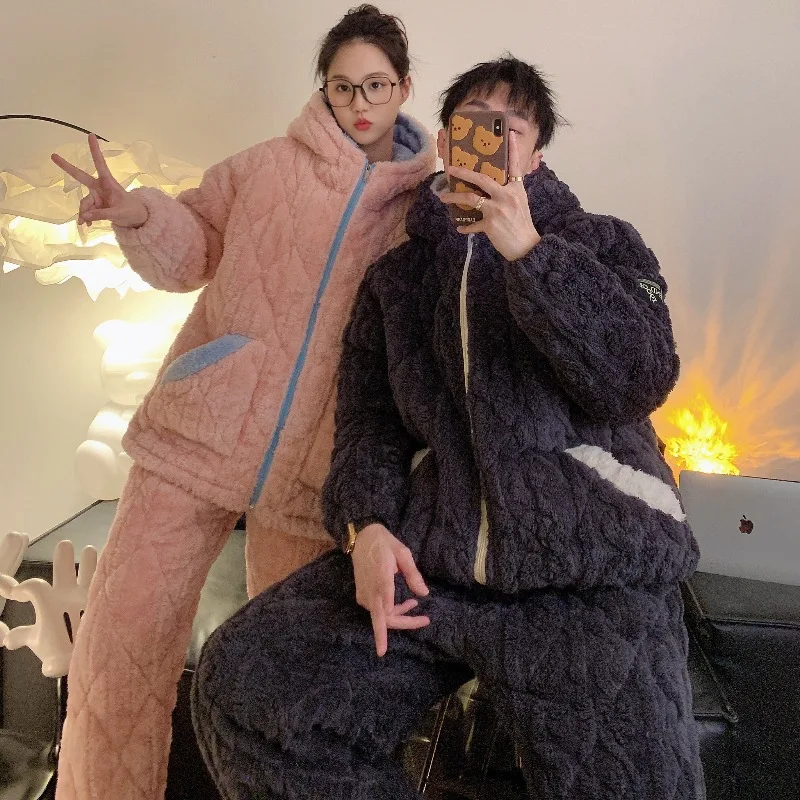 Couple Witei Autumn Warm Sleepwear Pajamas Set 2Pcs Velvet Hooded Shirt&pants Nightwear Long Sleeve Home Clothes Outdoors Nighty