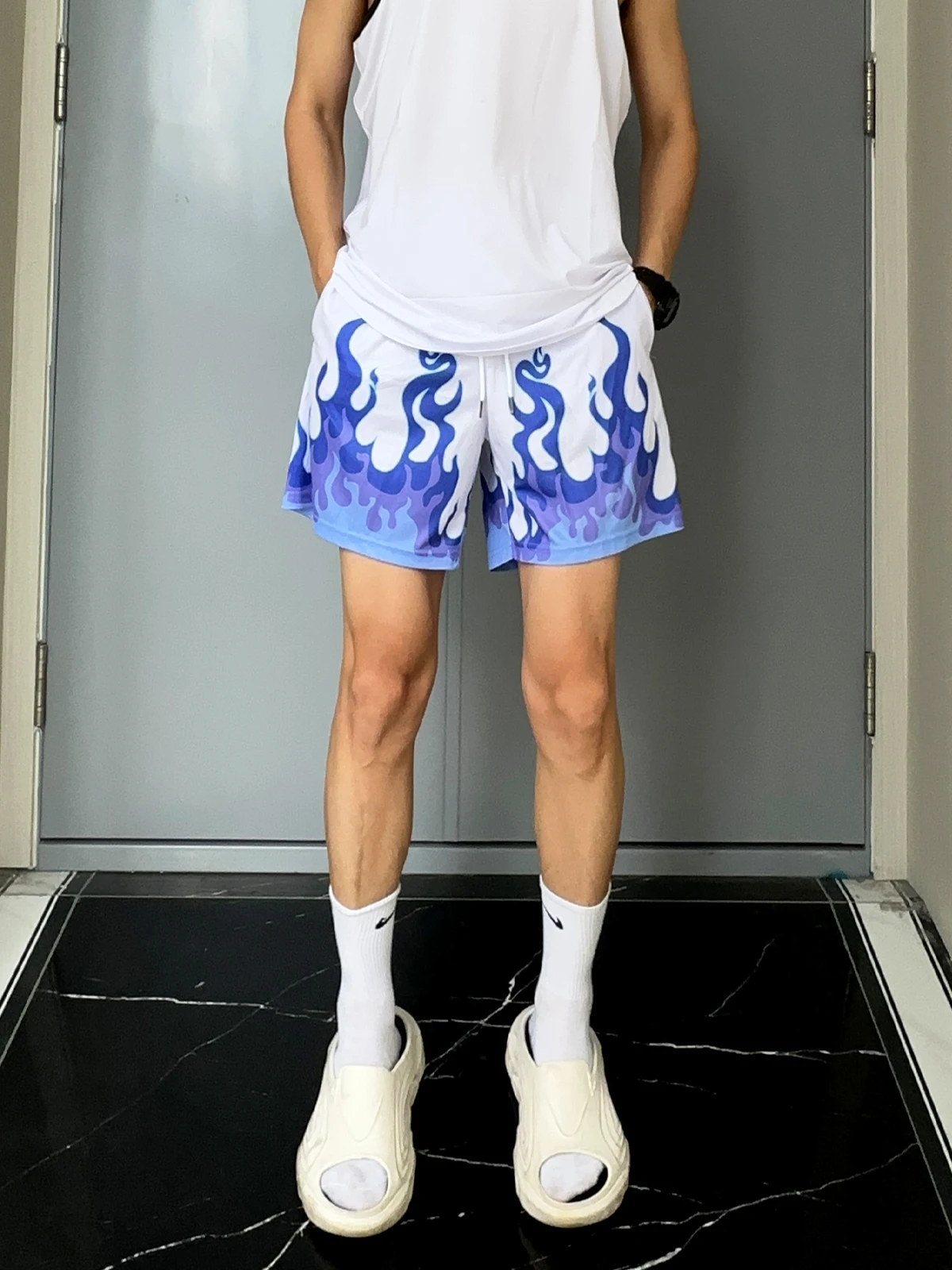 UNCLEBLUE Summer American Baskeall Sport orts Men's Flame Pattern Double Layer Large Me Breathable Straight Leg Casual ...