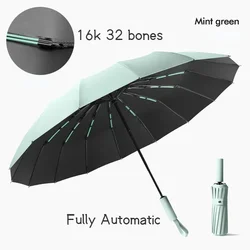 16 Ribs 32 Bones Strong Windproof Automatic Sun Rainy Folding Umbrella 16K Vinyl Cover UV Protect Black Sunscreen for Women Men