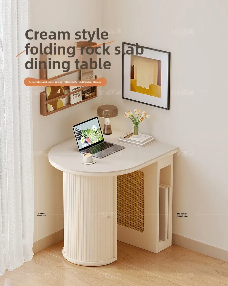 

YFY folding rock slab dining table cream wind small does not take up space family solid wood semi-round dining table high