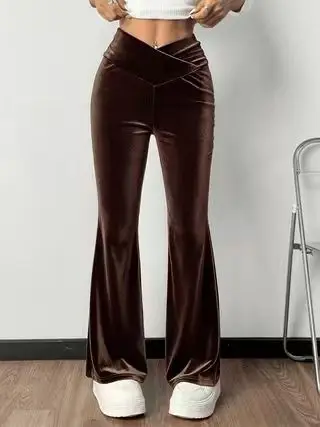 Women High Waist Velvet Flare Pants, Asymmetric Cross V Waistband Design, Slim Hip Hugging Stretch Bell Bottom Trousers, Premium