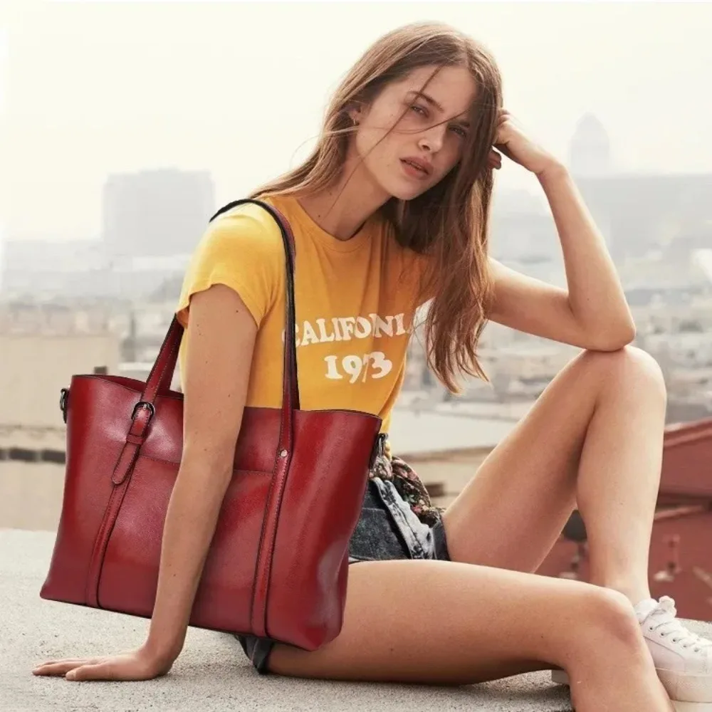 

High Quality Vintage Women's Handbag PU Leather Large Capacity Shoulder Bag Solid Color Soft Tote Bag