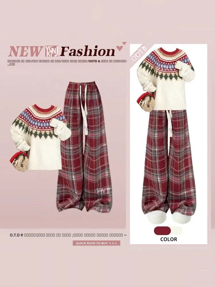 

Новогодний комплект в стиле Fair Isle: женский свободный свитер и широкие брюки для стройности, полный зимний модный комплект