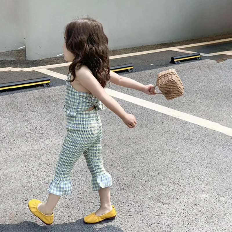 Casual Plaid Camisole Tops +Flared pants for 3-8Y Girls Elastic Stretch Sling Summer Fashion Outdoor Outfits Kids Two-Piece Suit