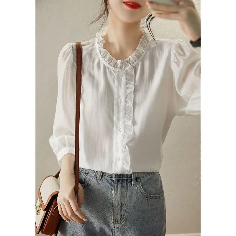 Women Korean Fashion Ruffle Button Shirts Elegant Chic Stand Collar 3/4 Sleeve Blouse Vintage Solid Loose Tops Blusas Mujer 2024