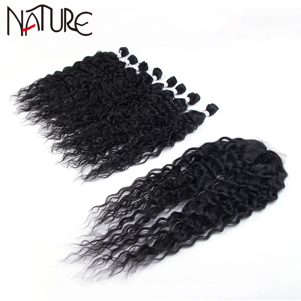 Synthetisch Haar Bundels Met Sluiting Body Wave 9 Stks/partij Afro Kinky Krullend Haar Ombre Hair Extension Synthetische Weven Natuur