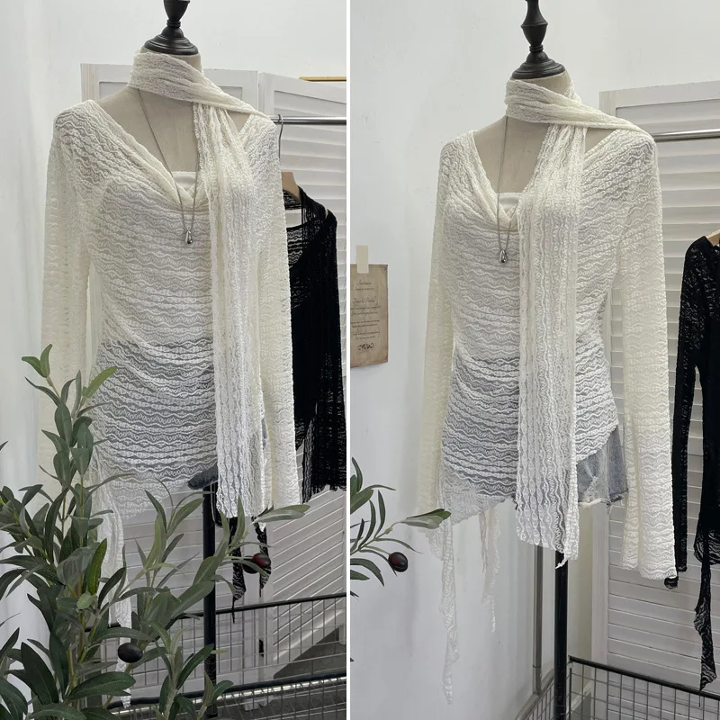 Women Vintage Draped Slim Fit Faux Two-Piece Long Sleeve Shirt with Tie Halter Neck Sheer Lace Base Layer Y2K Top Streatwear125