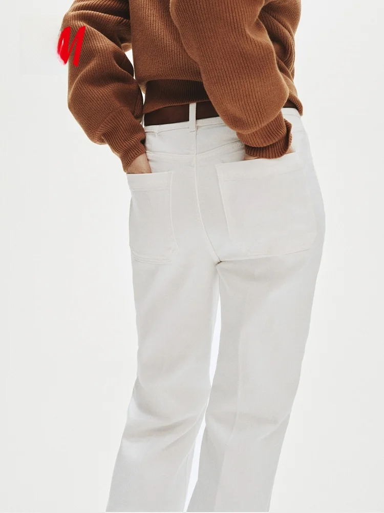 Spring New Women's High Waist Flared Pants Diagonal Pattern Casual Cotton Blend Elastic Fiber Ladies Faion H&M 34903