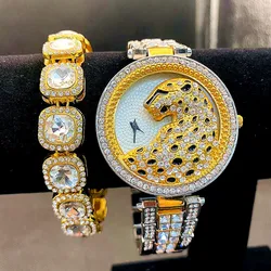 2 pçs iced para fora relógio para as mulheres bling bling pulseiras moda leopardo relógio de luxo diamound relógios feminino conjunto de jóias reloj mujer