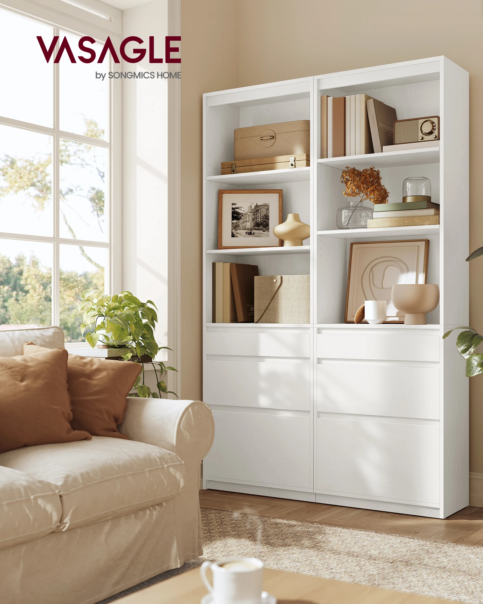 VASAGLE Bücherregal, Hochschrank, 3 unterschiedlich große Schubladen, verstellbare Ablagen, 180 cm hoch