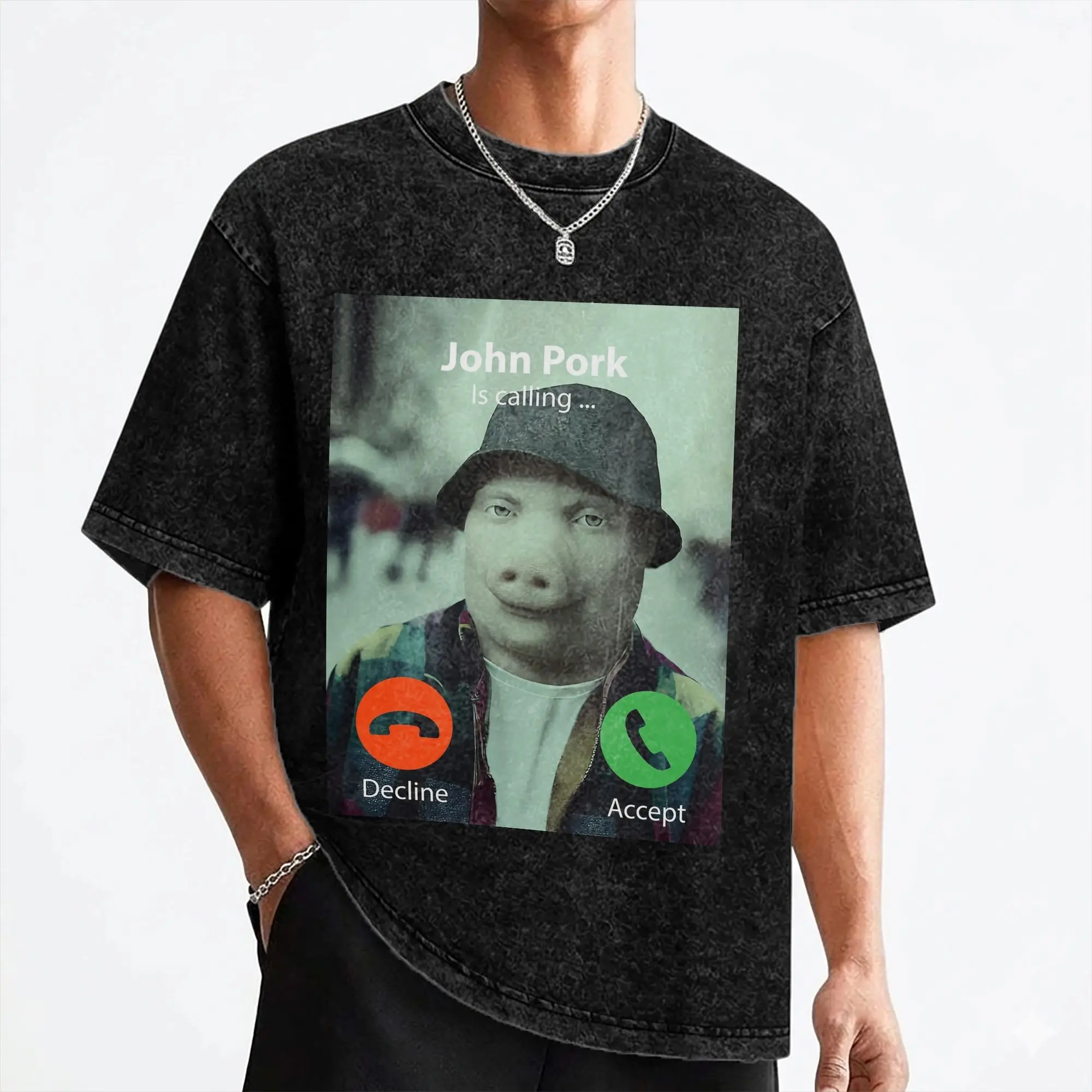 John Pork Is Calling T Shirt Washed Short Sleeve Harajuku T-Shirt  Casual for Men Women Streetwear Graphic Printed Tee Shirt
