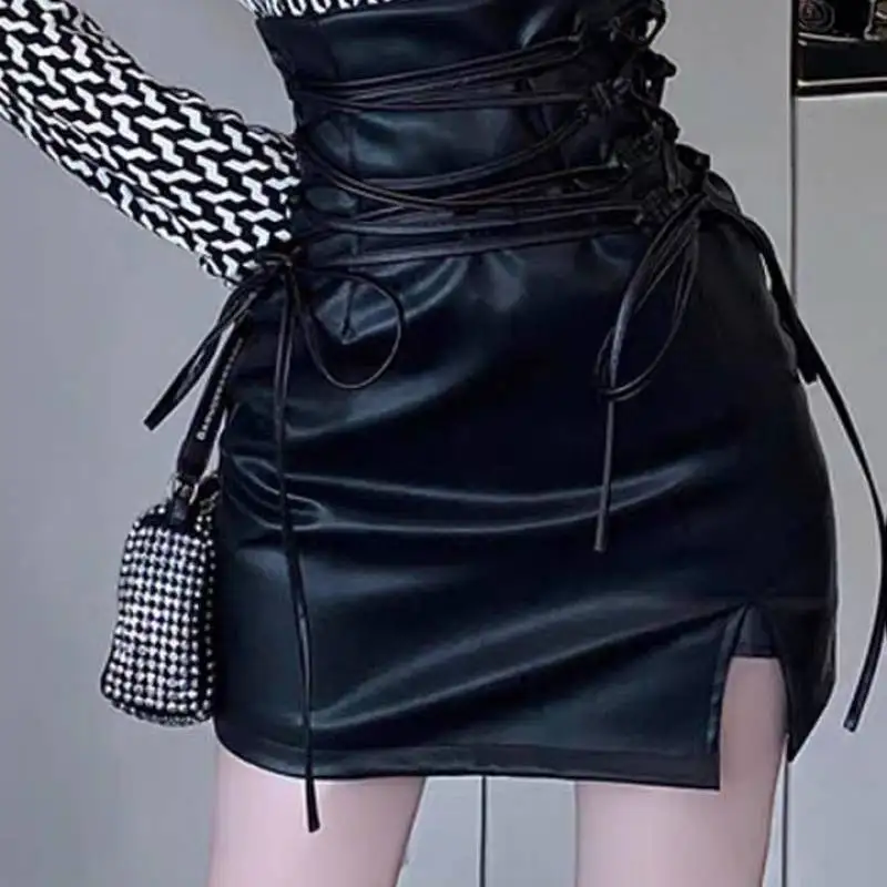 Spice Girl Strap High Waist Small Leather Skirt Women's 2022 New Spring Dress Wear Small Split Leather Skirt Sexy Skirts