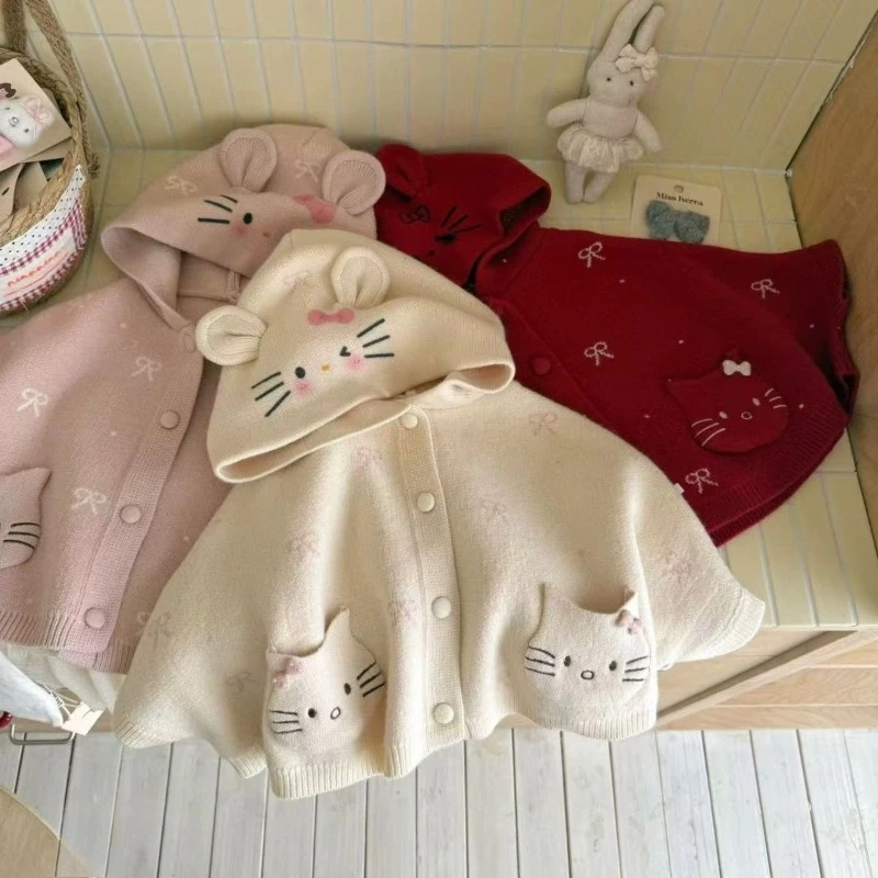 Girls Spring Autumn Knit Cape Hooded Cardigan 2026 New Cartoon Casual Top Breathable Soft Trendy Outerwear for Kids Daily Wear