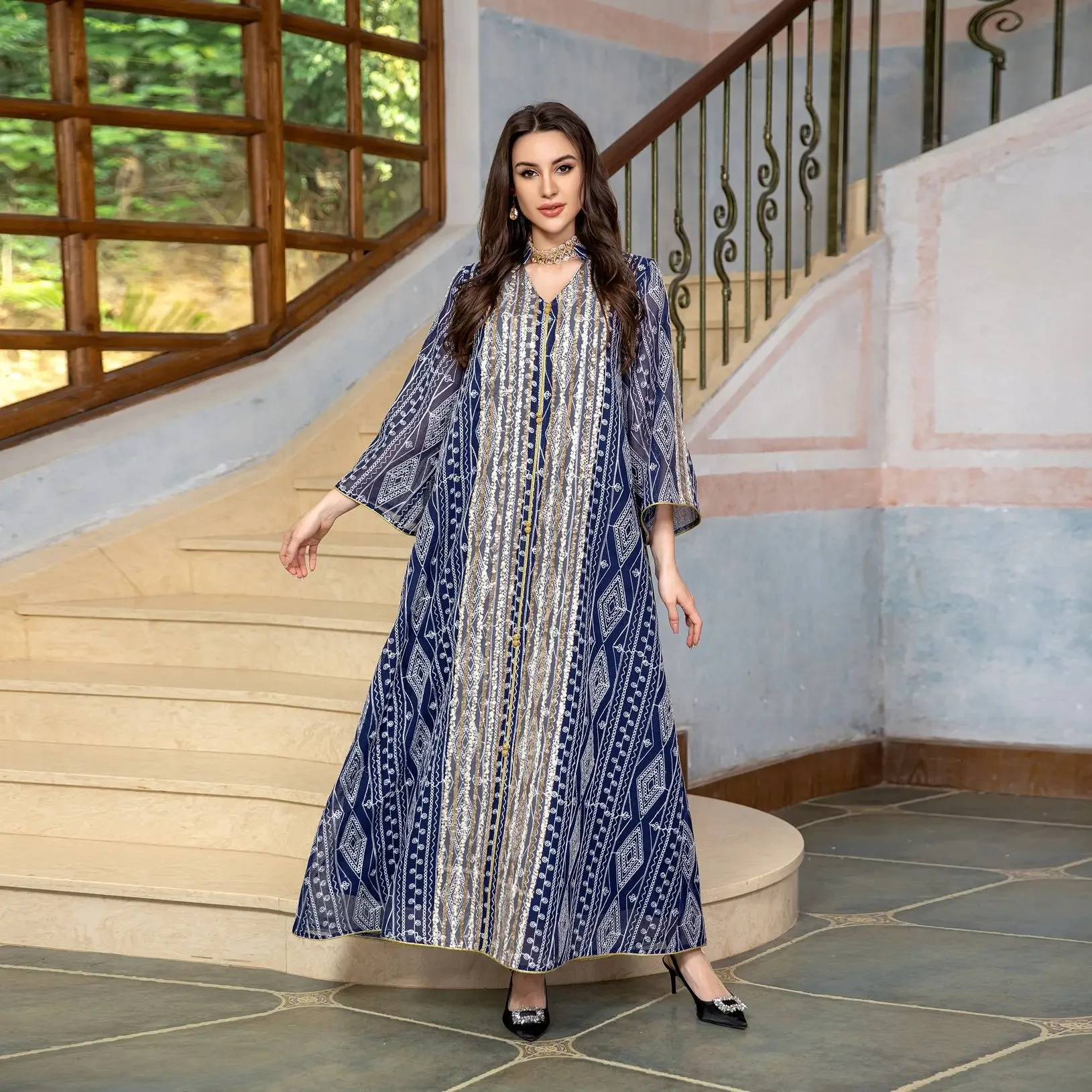 

Arab Dubai Muslim Dress Women Fashion Sequins Abayas for Women Long Sleeve Islamic Clothing Loose Party Embroidered Evening Gown