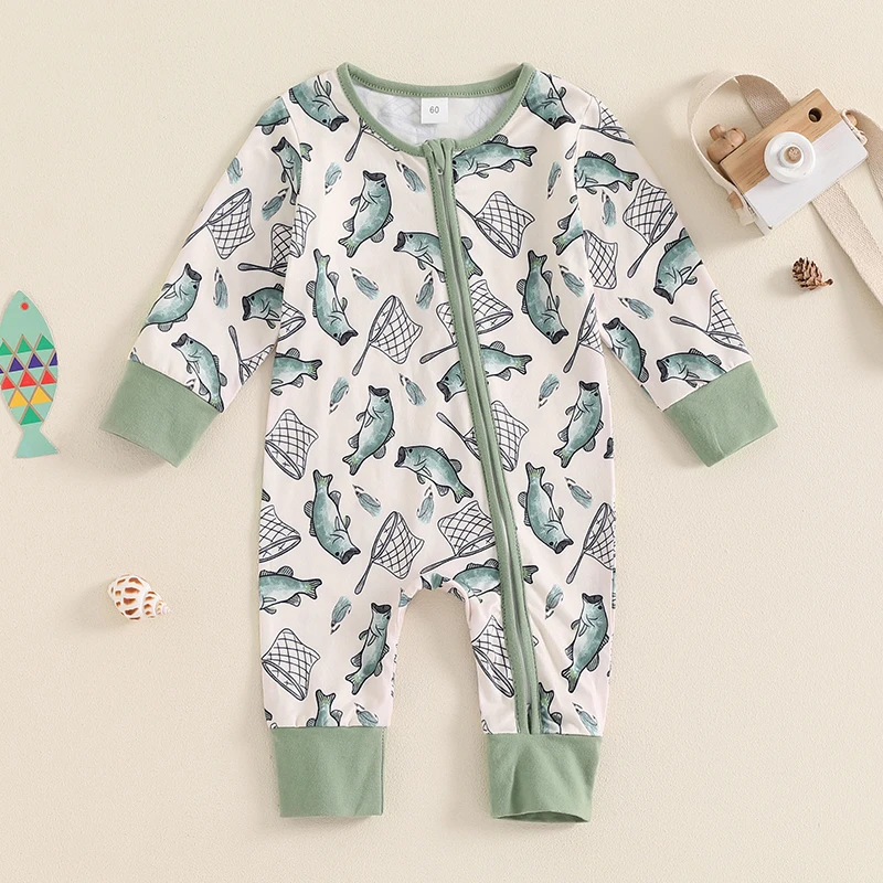 FOCUSNORM 0-12M Lovely Baby Boys Autumn Romper Long Sleeve Crew Neck Fish Print Oblique Zipper Jumpsuit