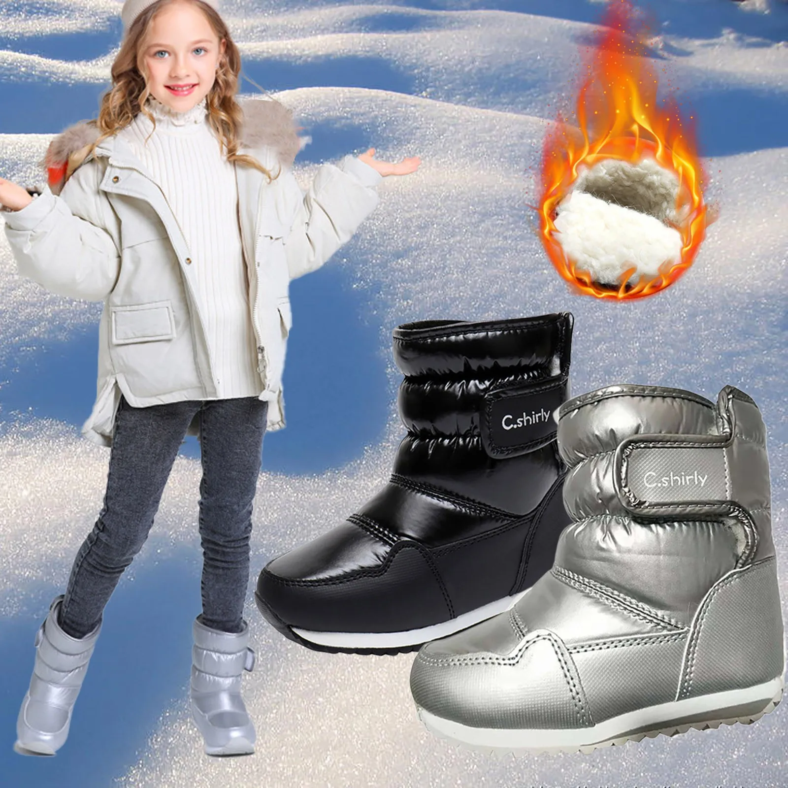 Winter Kids Thickened Warm Snow Boots Girls Solid Color Warm PU Cotton Shoes Boys Waterproof Non-slip New Fashion Outdoor Boots