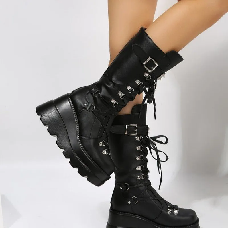 Fashion Women's Platform Motorcycle Boots Black Punk Rivet Belt Buckle Cross Tied Zip Women Shoes Round Toe Wedge Mid-Calf Boots