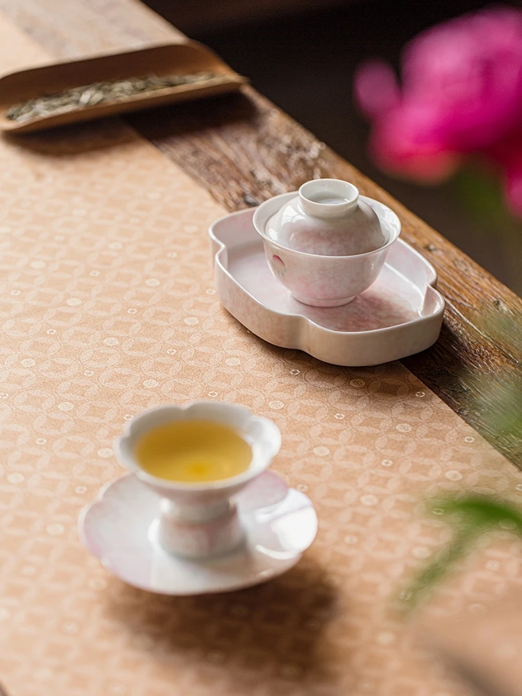 Hand-Painted Ceramic Tea Cup with Lid Pink Peach Glazed Sticker Design for Gongfu Tea Brewing Non-Hot Handle Home Use