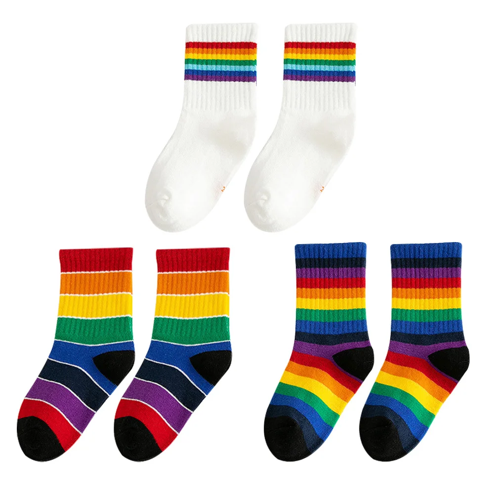 

3Pairs Kids Cotton Socks Rainbow Stripe Mid-Calf Breathable Soft Comfortable Casual Daily Wear Children Socks Kids