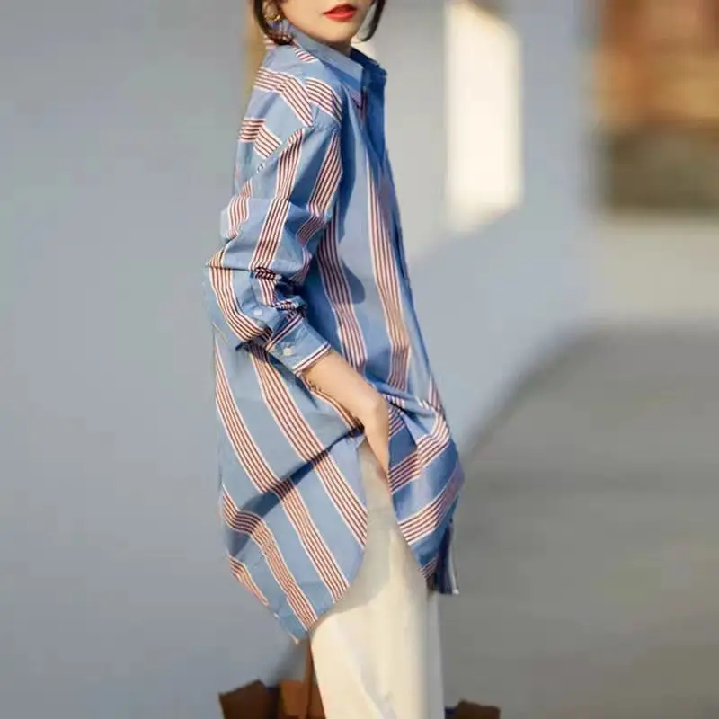 Fashion Printed Lapel Irregular Striped Shirt Female Clothing 2023 Autumn New Oversized Casual Tops Asymmetrical Blouse