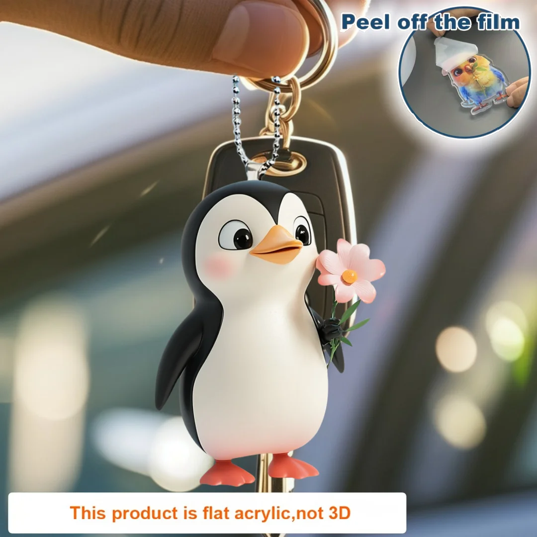 Colgante de pingüino 2D de dibujos animados con flor, llavero, adorno plano de acrílico, decoración colgante para coche, para bolsos, regalo festivo para fiestas