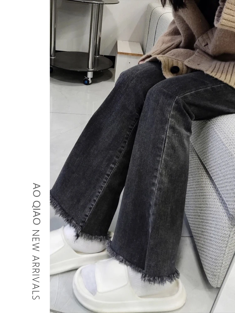 Pantalones vaqueros acampanados con forro de Fce de cintura alta para mujer, pantalones con pezuña elástica, adelgazantes, de talla grande, Color profundo, otoño