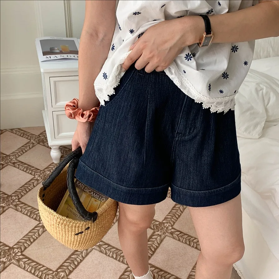 

Summer casual high waist wide leg A-line denim shorts women