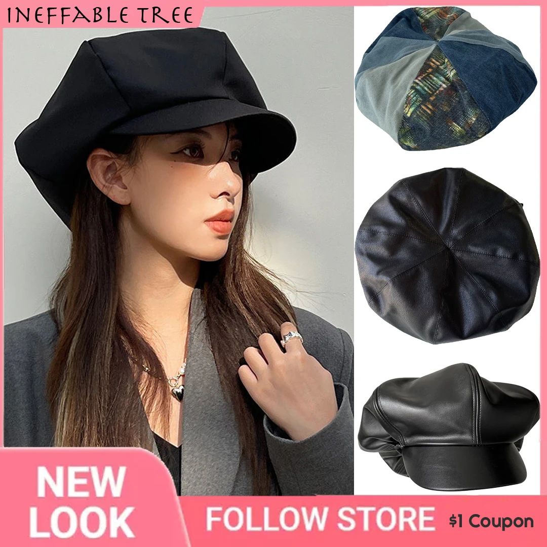 Y2K Oversized Fashionable Beret Women INS European American Retro Wild Cowboy Stitching PU Street Cloud Hat Gorras